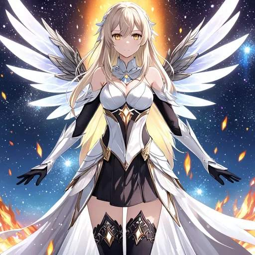 Prompt: anime, girl, detailed, very detailed, a woman in a white clothes, black skirt, stars and galactic in the background, official art, anime, girl, detailed, very detailed, crystal yellow eyes, very long blonde hair, 8k, detailed eyes, Anime illustration of a tall woman,  flame fairy wings, black thigh-highs, bright pupils, space, starfalls , high quality, thin body, anime art, detailed eyes, professional, atmospheric lighting, normal hands, five fingers, aura, adult woman, cold face, sharp eyes, 1girl, glowing eyes, Lumine from genshin impact, dress, textured corset with gold accessories, wearing long black gloves, bare shoulders, pyrokinesis, flame, white long arms shirt with black gloves, a white armor futuristic suit