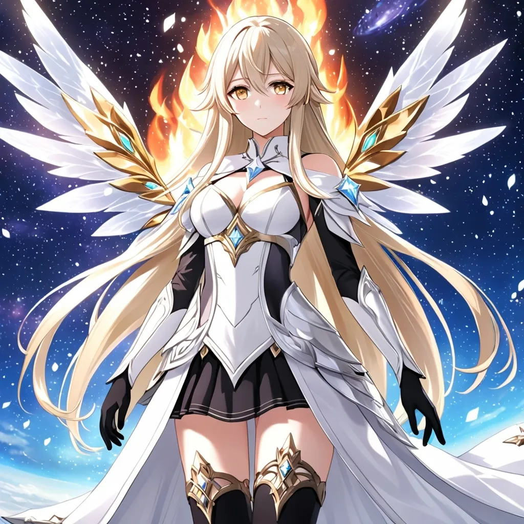 Prompt: anime, girl, detailed, very detailed, a woman in a white clothes, black skirt, stars and galactic in the background, official art, anime, girl, detailed, very detailed, crystal yellow eyes, very long blonde hair, 8k, detailed eyes, Anime illustration of a tall woman,  flame fairy wings, black thigh-highs, bright pupils, space, starfalls , high quality, thin body, anime art, detailed eyes, professional, atmospheric lighting, normal hands, five fingers, aura, adult woman, cold face, sharp eyes, 1girl, glowing eyes, Lumine from genshin impact, dress, textured corset with gold accessories, wearing long black gloves, bare shoulders, pyrokinesis, flame, white long arms shirt with black gloves, a white armor futuristic suit