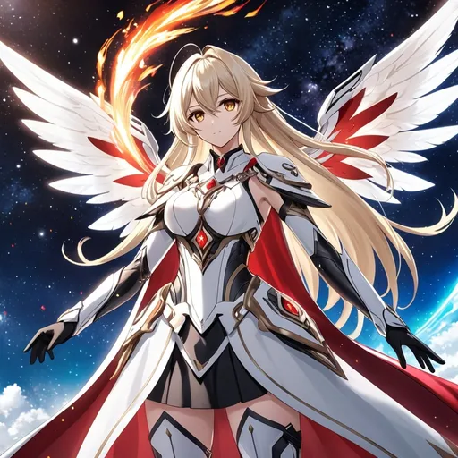 Prompt: anime, girl, detailed, very detailed, a woman in a white clothes, black skirt, stars and galactic in the background, official art, anime, girl, detailed, very detailed, crystal yellow eyes, very long blonde hair, 8k, detailed eyes, Anime illustration of a tall woman,  flame fairy wings, black thigh-highs, bright pupils, space, starfalls , high quality, thin body, anime art, detailed eyes, professional, atmospheric lighting, normal hands, five fingers, aura, adult woman, cold face, sharp eyes, 1girl, glowing eyes, Lumine from genshin impact, dress, textured corset with gold accessories, wearing long black gloves, bare shoulders, pyrokinesis, flame, white long arms shirt with black gloves, a white armor futuristic suit, Very long blonde hair, cape