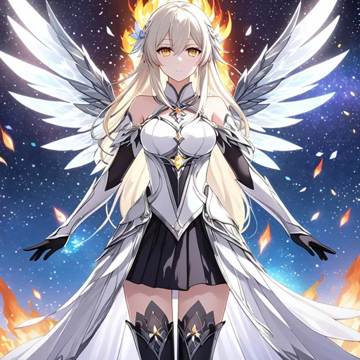 Prompt: anime, girl, detailed, very detailed, a woman in a white clothes, black skirt, stars and galactic in the background, official art, anime, girl, detailed, very detailed, crystal yellow eyes, very long blonde hair, 8k, detailed eyes, Anime illustration of a tall woman,  flame fairy wings, black thigh-highs, bright pupils, space, starfalls , high quality, thin body, anime art, detailed eyes, professional, atmospheric lighting, normal hands, five fingers, aura, adult woman, cold face, sharp eyes, 1girl, glowing eyes, Lumine from genshin impact, dress, textured corset with gold accessories, wearing long black gloves, bare shoulders, pyrokinesis, flame, white long arms shirt with black gloves, a white armor futuristic suit