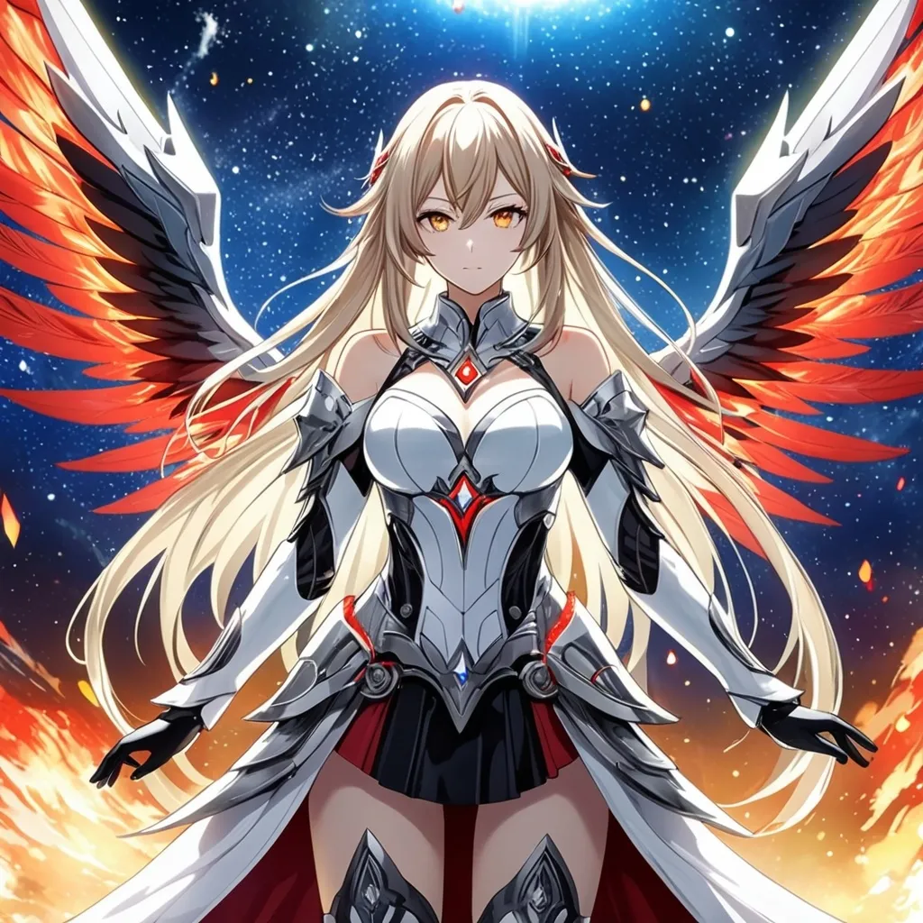 Prompt: anime, girl, detailed, very detailed, a woman in a white clothes, black skirt, stars and galactic in the background, official art, anime, girl, detailed, very detailed, crystal yellow eyes, very long blonde hair, 8k, detailed eyes, Anime illustration of a tall woman,  flame wings, black thigh-highs, bright pupils, space, starfalls , high quality, thin body, anime art, detailed eyes, professional, atmospheric lighting, normal hands, five fingers, aura, adult woman, cold face, sharp eyes, 1girl, glowing eyes, Lumine from genshin impact, dress, textured corset with gold accessories, wearing long black gloves, bare shoulders, pyrokinesis, flame, white long arms shirt with black gloves, a white armor futuristic suit