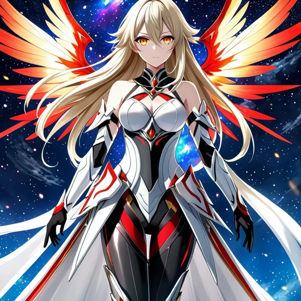 Prompt: anime, girl, detailed, very detailed, a woman in a white clothes, black skirt, stars and galactic in the background, official art, anime, girl, detailed, very detailed, crystal yellow eyes, very long blonde hair, 8k, detailed eyes, Anime illustration of a tall woman,  flame fairy wings, black thigh-highs, bright pupils, space, starfalls , high quality, thin body, anime art, detailed eyes, professional, atmospheric lighting, normal hands, five fingers, aura, adult woman, cold face, sharp eyes, 1girl, glowing eyes, Lumine from genshin impact, dress, textured corset with gold accessories, wearing long black gloves, bare shoulders, pyrokinesis, flame, white long arms shirt with black gloves, a white armor futuristic suit