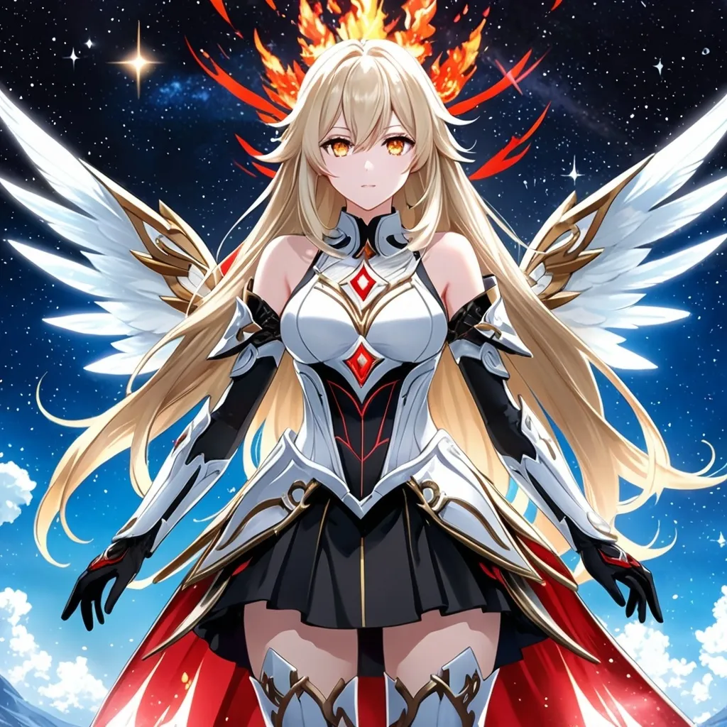 Prompt: anime, girl, detailed, very detailed, a woman in a white clothes, black skirt, stars and galactic in the background, official art, anime, girl, detailed, very detailed, crystal yellow eyes, very long blonde hair, 8k, detailed eyes, Anime illustration of a tall woman,  flame fairy wings, black thigh-highs, bright pupils, space, starfalls , high quality, thin body, anime art, detailed eyes, professional, atmospheric lighting, normal hands, five fingers, aura, adult woman, cold face, sharp eyes, 1girl, glowing eyes, Lumine from genshin impact, dress, textured corset with gold accessories, wearing long black gloves, bare shoulders, pyrokinesis, flame, white long arms shirt with black gloves, a white armor futuristic suit, Very long blonde hair, cape