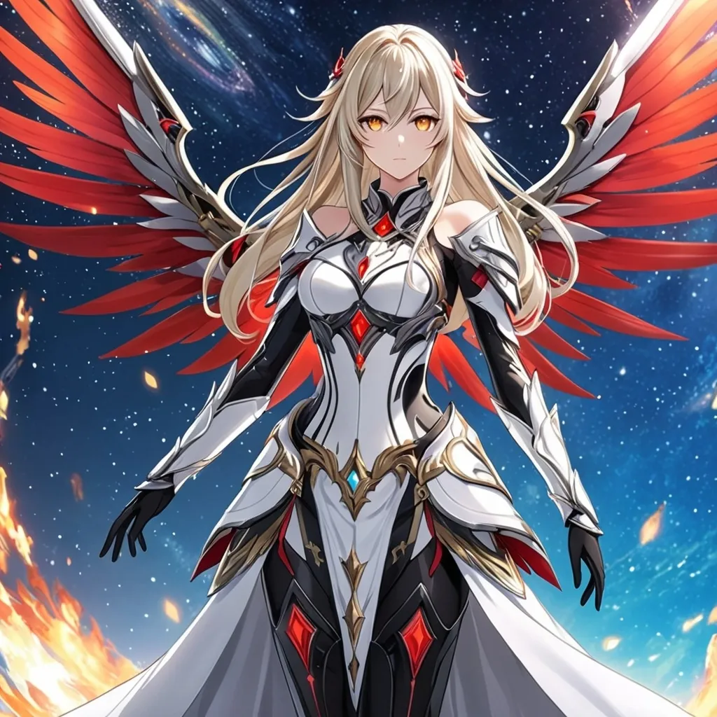 Prompt: anime, girl, detailed, very detailed, a woman in a white clothes, black skirt, stars and galactic in the background, official art, anime, girl, detailed, very detailed, crystal yellow eyes, very long blonde hair, 8k, detailed eyes, Anime illustration of a tall woman,  flame wings, black thigh-highs, bright pupils, space, starfalls , high quality, thin body, anime art, detailed eyes, professional, atmospheric lighting, normal hands, five fingers, aura, adult woman, cold face, sharp eyes, 1girl, glowing eyes, Lumine from genshin impact, dress, textured corset with gold accessories, wearing long black gloves, bare shoulders, pyrokinesis, flame, white long arms shirt with black gloves, a white armor futuristic suit