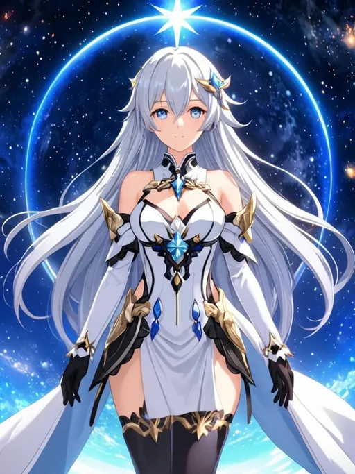 Prompt: Anime illustration of a tall woman with very long white hair, golden eyes, wearing a white dress, hands behind back, black thigh-highs, and gloves, bright pupils, space, stars , high quality, thin body, anime art, detailed eyes, professional, atmospheric lighting, normal hands, five fingers, goddess, halo, adult woman, herrscher from honkai impact's outfit, durandal from honkai impact