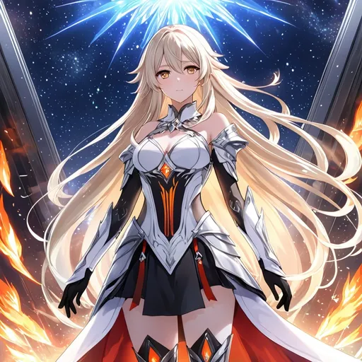 Prompt: anime, girl, detailed, very detailed, a woman in a white clothes, black skirt, stars and galactic in the background, official art, anime, girl, detailed, very detailed, crystal yellow eyes, very long blonde hair, 8k, detailed eyes, Anime illustration of a tall woman,  flame fairy wings, black thigh-highs, bright pupils, space, starfalls , high quality, thin body, anime art, detailed eyes, professional, atmospheric lighting, normal hands, five fingers, aura, adult woman, cold face, sharp eyes, 1girl, glowing eyes, Lumine from genshin impact, dress, textured corset with gold accessories, wearing long black gloves, bare shoulders, pyrokinesis, flame, white long arms shirt with black gloves, a white armor futuristic suit, Very long blonde hair