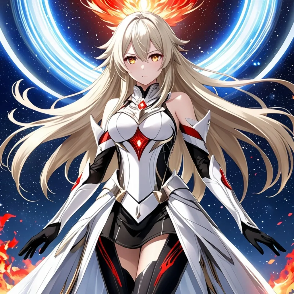 Prompt: anime, girl, detailed, very detailed, a woman in a white clothes, black skirt, stars and galactic in the background, official art, anime, girl, detailed, very detailed, crystal yellow eyes, very long blonde hair, 8k, detailed eyes, Anime illustration of a tall woman, fire aura, black thigh-highs, bright pupils, space, starfalls , high quality, thin body, anime art, detailed eyes, professional, atmospheric lighting, normal hands, five fingers, aura, adult woman, cold face, sharp eyes, 1girl, glowing eyes, Lumine from genshin impact, dress, textured corset with gold accessories, wearing long black gloves, bare shoulders, pyrokinesis, flame, white long arms shirt with black gloves, a white armor futuristic suit, Very long blonde hair