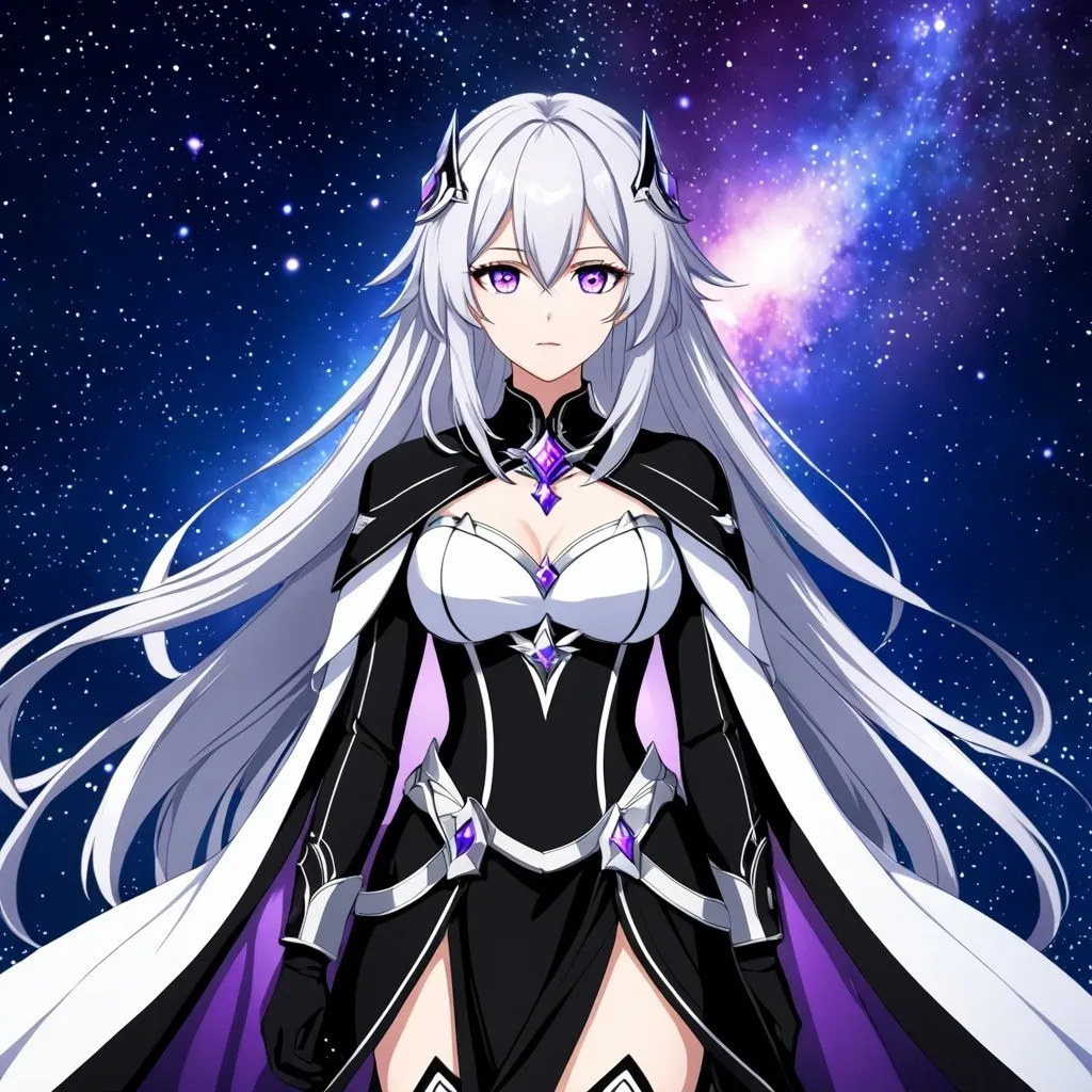 Prompt: anime, girl, Crystal purple eyes, long silver hair, galactic background, 8k, he, detailed eyes, glove holding, textured dress, textured corset with silver accessories, Anime illustration of a tall woman wearing a white dress, hands behind back, black thigh-highs and black gloves, bright pupils, space, starfalls , high quality, thin body, anime art, detailed eyes, professional, atmospheric lighting, normal hands, five fingers, aura, adult woman, cold face, herrscher from honkai impact's outfit, sharp eyes, 1girl, black cape, glowing eyes