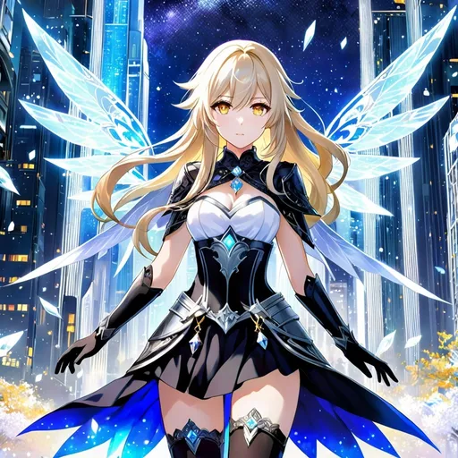 Prompt: anime, girl, detailed, very detailed, a woman in a white shirt inside, black skirt with a sword on a city street with skyscrapers in the background, official art, anime, girl, detailed, very detailed, crystal yellow eyes, very long blonde hair, 8k, detailed eyes, wearing gloves, Anime illustration of a tall woman, light fairy wings, black thigh-highs and black gloves, bright pupils, space, starfalls , high quality, thin body, anime art, detailed eyes, professional, atmospheric lighting, normal hands, five fingers, aura, adult woman, cold face, sharp eyes, 1girl, glowing eyes, Lumine from genshin impact, dress, textured corset with gold accessories, knight dress