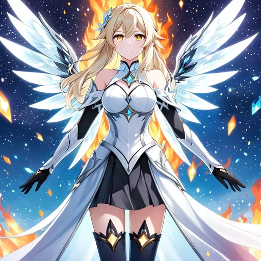 Prompt: anime, girl, detailed, very detailed, a woman in a white clothes, black skirt, stars and galactic in the background, official art, anime, girl, detailed, very detailed, crystal yellow eyes, very long blonde hair, 8k, detailed eyes, Anime illustration of a tall woman,  flame fairy wings, black thigh-highs, bright pupils, space, starfalls , high quality, thin body, anime art, detailed eyes, professional, atmospheric lighting, normal hands, five fingers, aura, adult woman, cold face, sharp eyes, 1girl, glowing eyes, Lumine from genshin impact, dress, textured corset with gold accessories, wearing long black gloves, bare shoulders, pyrokinesis, flame, white long arms shirt with black gloves, a white armor futuristic suit