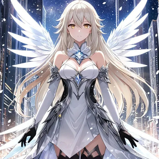 Prompt: anime, girl, detailed, very detailed, a woman in a white shirt inside, black skirt with a sword on a city street with skyscrapers in the background, official art, anime, girl, detailed, very detailed, crystal yellow eyes, very long blonde hair, 8k, detailed eyes, Anime illustration of a tall woman, light fairy wings, black thigh-highs, bright pupils, space, starfalls , high quality, thin body, anime art, detailed eyes, professional, atmospheric lighting, normal hands, five fingers, aura, adult woman, cold face, sharp eyes, 1girl, glowing eyes, Lumine from genshin impact, dress, textured corset with gold accessories, wearing long black gloves, bare shoulders