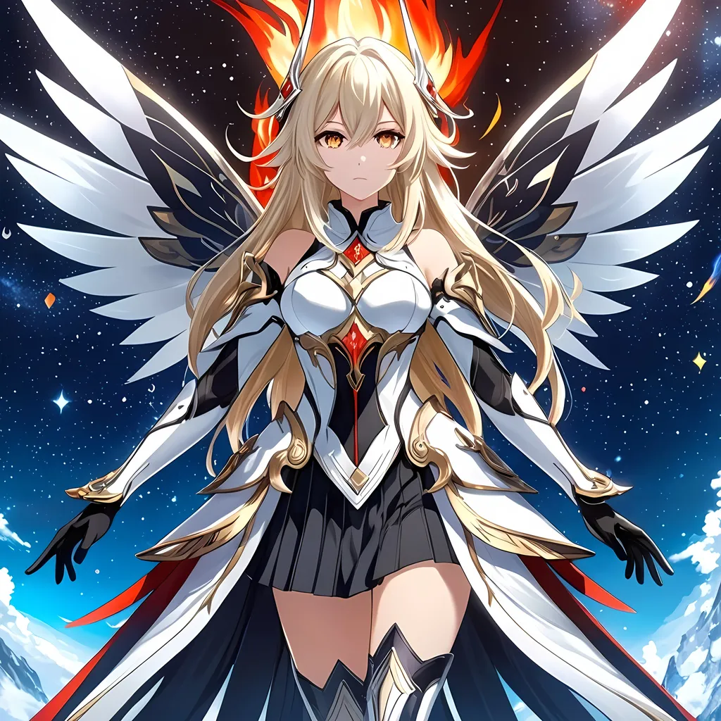 Prompt: anime, girl, detailed, very detailed, a woman in a white clothes, black short skirt, stars and galactic in the background, official art, anime, girl, detailed, very detailed, crystal yellow eyes, very long blonde hair, 8k, detailed eyes, Anime illustration of a tall woman,  flame fairy wings, white thigh-highs, bright pupils, space, starfalls , high quality, thin body, anime art, detailed eyes, professional, atmospheric lighting, normal hands, five fingers, aura, adult woman, cold face, sharp eyes, 1girl, glowing eyes, Lumine from genshin impact, dress, textured corset with gold accessories, wearing long black gloves, bare shoulders, pyrokinesis, flame, white long arms shirt with black gloves, a white armor futuristic suit