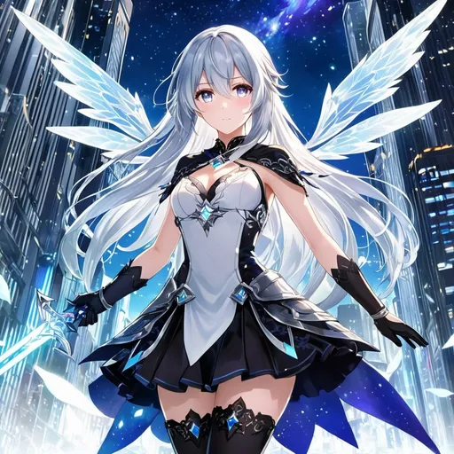 Prompt: anime, girl, detailed, very detailed, a woman in a white shirt inside, black skirt with a sword on a city street with skyscrapers in the background, official art, anime, girl, detailed, very detailed, crystal gold eyes, very long silver hair, 8k, detailed eyes, wearing gloves, Anime illustration of a tall woman, light fairy wings, black thigh-highs and black gloves, bright pupils, space, starfalls , high quality, thin body, anime art, detailed eyes, professional, atmospheric lighting, normal hands, five fingers, aura, adult woman, cold face, sharp eyes, 1girl, glowing eyes, Lumine from genshin impact