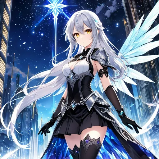 Prompt: anime, girl, detailed, very detailed, a woman in a white shirt inside, black skirt with a sword on a city street with skyscrapers in the background, official art, anime, girl, detailed, very detailed, crystal yellow eyes, very long silver hair, 8k, detailed eyes, wearing gloves, Anime illustration of a tall woman, light fairy wings, black thigh-highs and black gloves, bright pupils, space, starfalls , high quality, thin body, anime art, detailed eyes, professional, atmospheric lighting, normal hands, five fingers, aura, adult woman, cold face, sharp eyes, 1girl, glowing eyes, Lumine from genshin impact