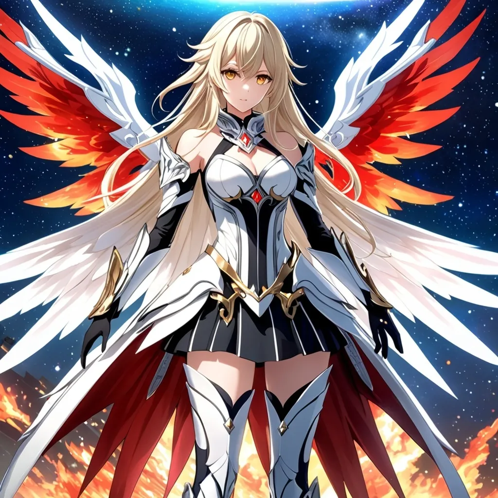 Prompt: anime, girl, detailed, very detailed, a woman in a white clothes, black skirt, stars and galactic in the background, official art, anime, girl, detailed, very detailed, crystal yellow eyes, very long blonde hair, 8k, detailed eyes, Anime illustration of a tall woman,  flame wings, black thigh-highs, bright pupils, space, starfalls , high quality, thin body, anime art, detailed eyes, professional, atmospheric lighting, normal hands, five fingers, aura, adult woman, cold face, sharp eyes, 1girl, glowing eyes, Lumine from genshin impact, dress, textured corset with gold accessories, wearing long black gloves, bare shoulders, pyrokinesis, flame, white long arms shirt with black gloves, a white armor futuristic suit