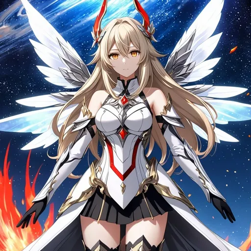 Prompt: anime, girl, detailed, very detailed, a woman in a white clothes, black short skirt, stars and galactic in the background, official art, anime, girl, detailed, very detailed, crystal yellow eyes, very long blonde hair, 8k, detailed eyes, Anime illustration of a tall woman,  flame fairy wings, black thigh-highs, bright pupils, space, starfalls , high quality, thin body, anime art, detailed eyes, professional, atmospheric lighting, normal hands, five fingers, aura, adult woman, cold face, sharp eyes, 1girl, glowing eyes, Lumine from genshin impact, dress, textured corset with gold accessories, wearing long black gloves, bare shoulders, pyrokinesis, flame, white long arms shirt with black gloves, a white armor futuristic suit