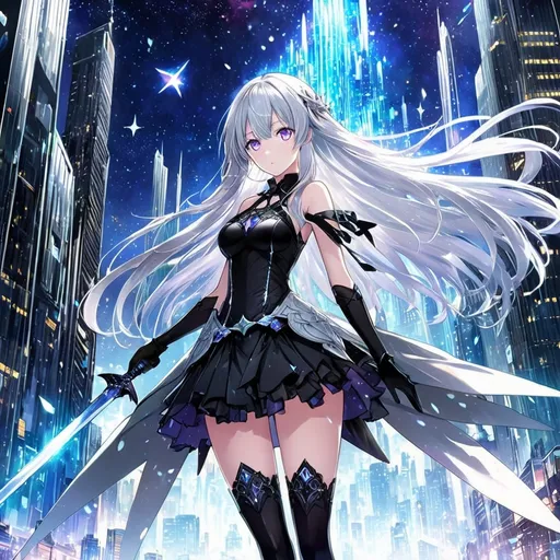 Prompt: anime, girl, detailed, very detailed, a woman in a black shirt inside white coat, black skirt with a sword on a city street with skyscrapers in the background, official art, anime, girl, detailed, very detailed, crystal purple eyes, very long silver hair, 8k, detailed eyes, wearing gloves, Anime illustration of a tall woman, light fairy wings, black thigh-highs and black gloves, bright pupils, space, starfalls , high quality, thin body, anime art, detailed eyes, professional, atmospheric lighting, normal hands, five fingers, aura, adult woman, cold face, sharp eyes, 1girl, glowing eyes