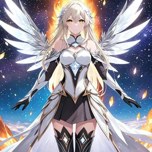 Prompt: anime, girl, detailed, very detailed, a woman in a white clothes, black skirt, stars and galactic in the background, official art, anime, girl, detailed, very detailed, crystal yellow eyes, very long blonde hair, 8k, detailed eyes, Anime illustration of a tall woman,  flame fairy wings, black thigh-highs, bright pupils, space, starfalls , high quality, thin body, anime art, detailed eyes, professional, atmospheric lighting, normal hands, five fingers, aura, adult woman, cold face, sharp eyes, 1girl, glowing eyes, Lumine from genshin impact, dress, textured corset with gold accessories, wearing long black gloves, bare shoulders, pyrokinesis, flame, white long arms shirt with black gloves, a white armor futuristic suit