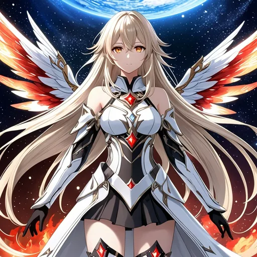 Prompt: anime, girl, detailed, very detailed, a woman in a white clothes, black skirt, stars and galactic in the background, official art, anime, girl, detailed, very detailed, crystal yellow eyes, very long blonde hair, 8k, detailed eyes, Anime illustration of a tall woman,  flame fairy wings, black thigh-highs, bright pupils, space, starfalls , high quality, thin body, anime art, detailed eyes, professional, atmospheric lighting, normal hands, five fingers, aura, adult woman, cold face, sharp eyes, 1girl, glowing eyes, Lumine from genshin impact, dress, textured corset with gold accessories, wearing long black gloves, bare shoulders, pyrokinesis, flame, white long arms shirt with black gloves, a white armor futuristic suit, Very long blonde hair, cape