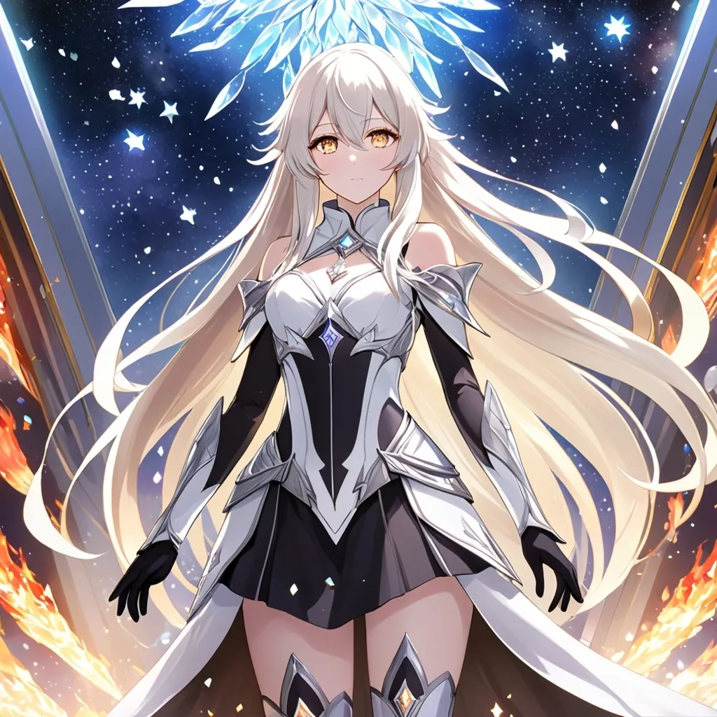 Prompt: anime, girl, detailed, very detailed, a woman in a white clothes, black skirt, stars and galactic in the background, official art, anime, girl, detailed, very detailed, crystal yellow eyes, very long blonde hair, 8k, detailed eyes, Anime illustration of a tall woman,  flame fairy wings, black thigh-highs, bright pupils, space, starfalls , high quality, thin body, anime art, detailed eyes, professional, atmospheric lighting, normal hands, five fingers, aura, adult woman, cold face, sharp eyes, 1girl, glowing eyes, Lumine from genshin impact, dress, textured corset with gold accessories, wearing long black gloves, bare shoulders, pyrokinesis, flame, white long arms shirt with black gloves, a white armor futuristic suit, Very long blonde hair