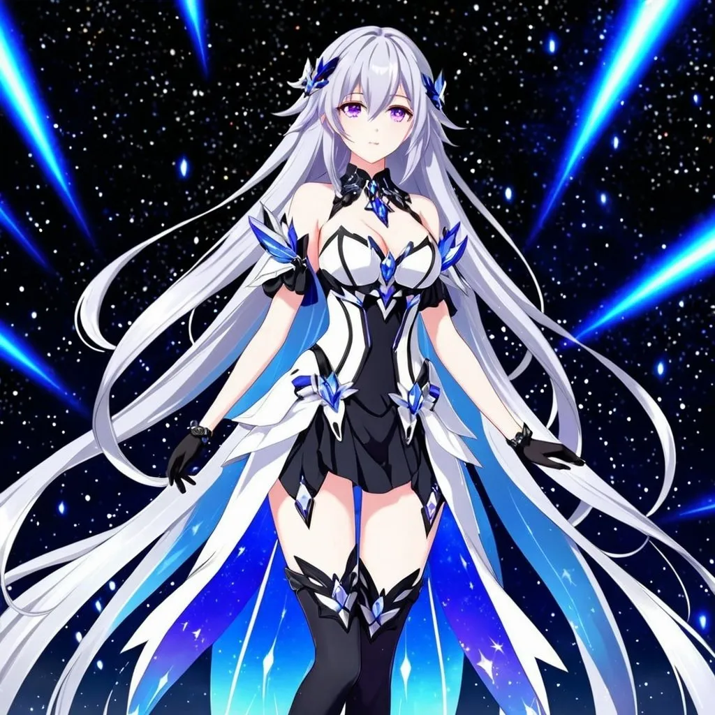 Prompt: Crystal purple eyes, very long silver hair, galactic background, 8k, he, detailed eyes, glove holding, textured dress, textured corset with silver accessories, Anime illustration of a tall woman wearing a white dress, hands behind back, black thigh-highs and black gloves, bright pupils, space, starfalls , high quality, thin body, anime art, detailed eyes, professional, atmospheric lighting, normal hands, five fingers, aura, adult woman, cold face, herrscher from honkai impact's outfit, sharp eyes, 1girl, glowing eyes, sun