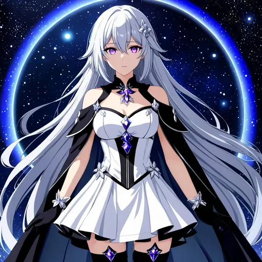 Prompt: anime, girl, detailed, very detailed,anime, girl, Crystal purple eyes, very long silver hair, galactic background, 8k, he, detailed eyes, glove holding, textured dress, textured corset with silver accessories, Anime illustration of a tall woman wearing a white dress, hands behind back, black thigh-highs and black gloves, bright pupils, space, starfalls , high quality, thin body, anime art, detailed eyes, professional, atmospheric lighting, normal hands, five fingers, aura, adult woman, cold face, herrscher from honkai impact's outfit, sharp eyes, 1girl, black cape, glowing eyes