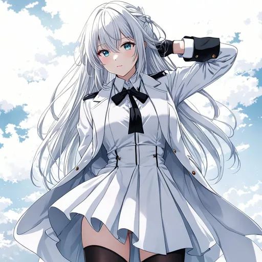 Prompt: 1girl, an anime girl with long white hair, anime art, an anime drawing, dull eyes, aqua eyes, tall woman, high quality, thin body, hands behind back, black thighhighs, bright pupils, white clothes, nightfall, black gloves, white jacket, black skirt