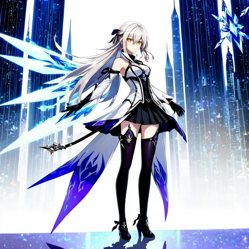 Prompt: anime, girl, detailed, very detailed, a woman in a black clothes, black skirt with a sword on a city street with skyscrapers in the background, official art, anime, girl, detailed, very detailed, crystal yellow eyes, very long blonde hair, 8k, detailed eyes, Anime illustration of a tall woman, gold light fairy wings, black thigh-highs, bright pupils, space, starfalls , high quality, thin body, anime art, detailed eyes, professional, atmospheric lighting, normal hands, five fingers, aura, adult woman, cold face, sharp eyes, 1girl, glowing eyes, Lumine from genshin impact, dress, textured corset with gold accessories, wearing long black gloves, bare shoulders, pyrokinesis, flame