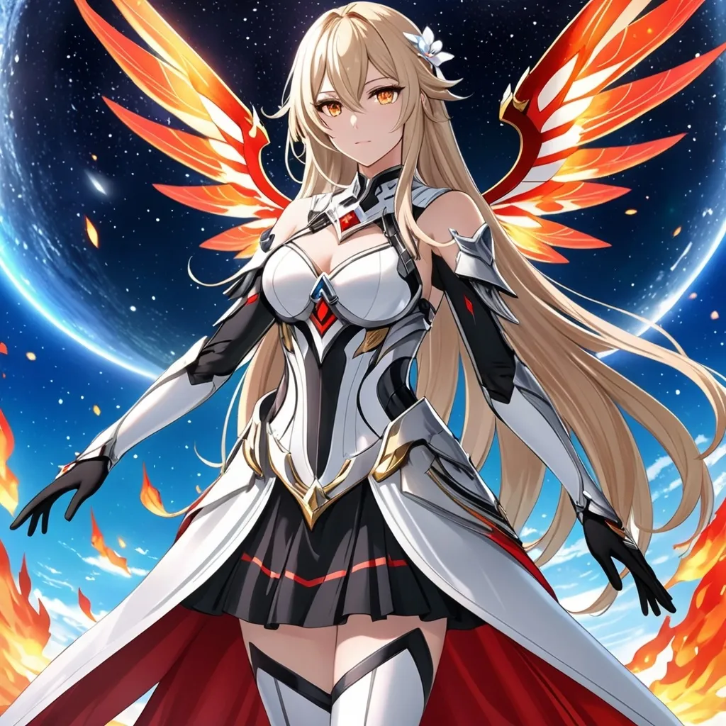 Prompt: anime, girl, detailed, very detailed, a woman in a white clothes, black skirt, stars and galactic in the background, official art, anime, girl, detailed, very detailed, crystal yellow eyes, very long blonde hair, 8k, detailed eyes, Anime illustration of a tall woman,  flame fairy wings, black thigh-highs, bright pupils, space, starfalls , high quality, thin body, anime art, detailed eyes, professional, atmospheric lighting, normal hands, five fingers, aura, adult woman, cold face, sharp eyes, 1girl, glowing eyes, Lumine from genshin impact, dress, textured corset with gold accessories, wearing long black gloves, bare shoulders, pyrokinesis, flame, white long arms shirt with black gloves, a white armor futuristic suit, Very long blonde hair, cape