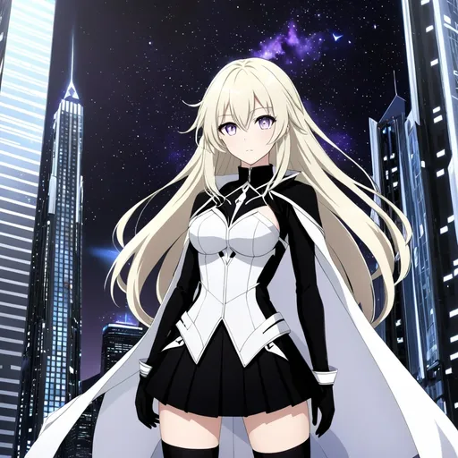 Prompt: anime, girl, detailed, very detailed, a woman in a black shirt inside, black skirt with a sword on a city street with skyscrapers in the background, official art, anime, girl, detailed, very detailed, crystal golden eyes, long blonde hair, 8k, detailed eyes, wearing gloves, Anime illustration of a tall woman, hands behind back, black thigh-highs and black gloves, bright pupils, space, starfalls , high quality, thin body, anime art, detailed eyes, professional, atmospheric lighting, normal hands, five fingers, aura, adult woman, cold face, sharp eyes, 1girl, glowing eyes