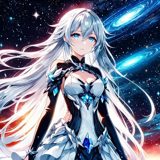 Prompt: Crystal blue eyes, very long white hair, galactic background, 8k, he, detailed eyes, glove holding, textured dress, textured corset with silver accessories, Anime illustration of a tall woman wearing a white dress, hands behind back, black thigh-highs and black gloves, bright pupils, space, starfalls , high quality, thin body, anime art, detailed eyes, professional, atmospheric lighting, normal hands, five fingers, aura, adult woman, cold face, herrscher from honkai impact's outfit, sharp eyes, 1girl, glowing eyes, sun