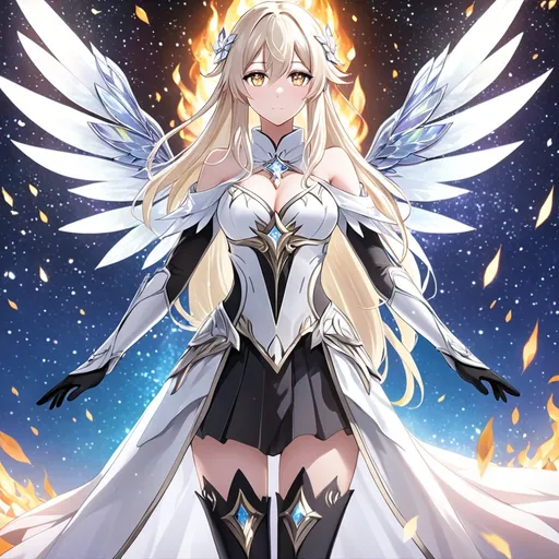 Prompt: anime, girl, detailed, very detailed, a woman in a white clothes, black skirt, stars and galactic in the background, official art, anime, girl, detailed, very detailed, crystal yellow eyes, very long blonde hair, 8k, detailed eyes, Anime illustration of a tall woman,  flame fairy wings, black thigh-highs, bright pupils, space, starfalls , high quality, thin body, anime art, detailed eyes, professional, atmospheric lighting, normal hands, five fingers, aura, adult woman, cold face, sharp eyes, 1girl, glowing eyes, Lumine from genshin impact, dress, textured corset with gold accessories, wearing long black gloves, bare shoulders, pyrokinesis, flame, white long arms shirt with black gloves, a white armor futuristic suit