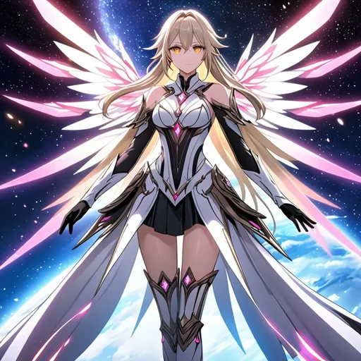 Prompt: anime, girl, detailed, very detailed, a woman in a white clothes, black skirt, stars and galactic in the background, official art, anime, girl, detailed, very detailed, crystal yellow eyes, very long blonde hair, 8k, detailed eyes, Anime illustration of a tall woman,  flame fairy wings, black thigh-highs, bright pupils, space, starfalls , high quality, thin body, anime art, detailed eyes, professional, atmospheric lighting, normal hands, five fingers, aura, adult woman, cold face, sharp eyes, 1girl, glowing eyes, Lumine from genshin impact, dress, textured corset with gold accessories, wearing long black gloves, bare shoulders, pyrokinesis, flame, white long arms shirt with black gloves, a white armor futuristic suit, Very long blonde hair