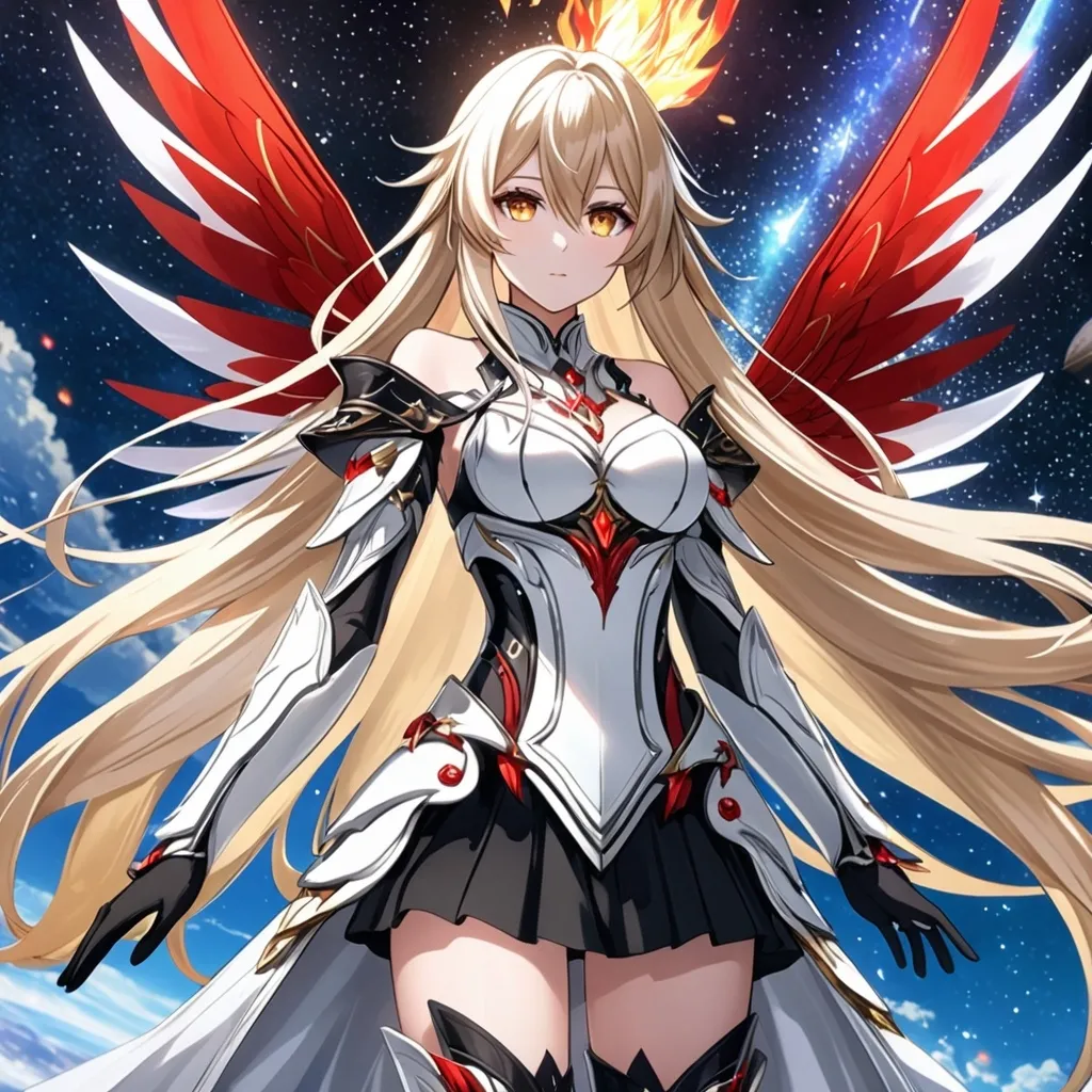 Prompt: anime, girl, detailed, very detailed, a woman in a white clothes, black skirt, stars and galactic in the background, official art, anime, girl, detailed, very detailed, crystal yellow eyes, very long blonde hair, 8k, detailed eyes, Anime illustration of a tall woman,  flame fairy wings, black thigh-highs, bright pupils, space, starfalls , high quality, thin body, anime art, detailed eyes, professional, atmospheric lighting, normal hands, five fingers, aura, adult woman, cold face, sharp eyes, 1girl, glowing eyes, Lumine from genshin impact, dress, textured corset with gold accessories, wearing long black gloves, bare shoulders, pyrokinesis, flame, white long arms shirt with black gloves, a white armor futuristic suit, Very long blonde hair, cape