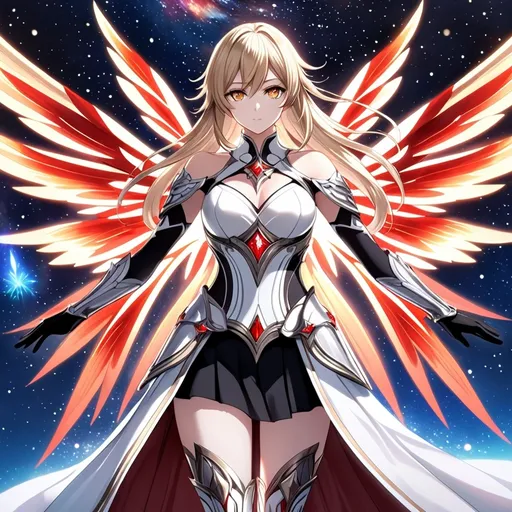 Prompt: anime, girl, detailed, very detailed, a woman in a white clothes, black skirt, stars and galactic in the background, official art, anime, girl, detailed, very detailed, crystal yellow eyes, very long blonde hair, 8k, detailed eyes, Anime illustration of a tall woman,  flame fairy wings, black thigh-highs, bright pupils, space, starfalls , high quality, thin body, anime art, detailed eyes, professional, atmospheric lighting, normal hands, five fingers, aura, adult woman, cold face, sharp eyes, 1girl, glowing eyes, Lumine from genshin impact, dress, textured corset with gold accessories, wearing long black gloves, bare shoulders, pyrokinesis, flame, white long arms shirt with black gloves, a white armor futuristic suit