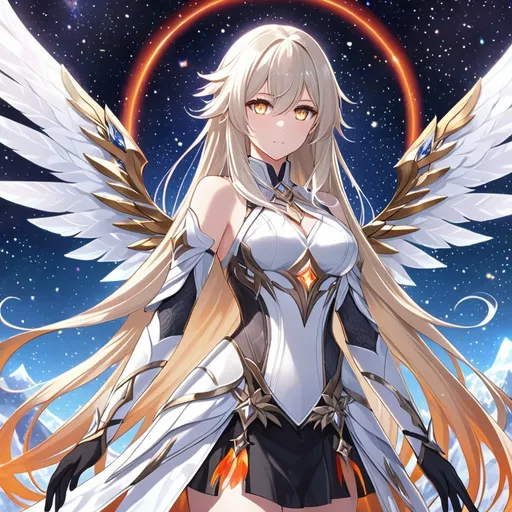 Prompt: anime, girl, detailed, very detailed, a woman in a white clothes, black skirt, stars and galactic in the background, official art, anime, girl, detailed, very detailed, crystal yellow eyes, very long blonde hair, 8k, detailed eyes, Anime illustration of a tall woman,  flame fairy wings, black thigh-highs, bright pupils, space, starfalls , high quality, thin body, anime art, detailed eyes, professional, atmospheric lighting, normal hands, five fingers, aura, adult woman, cold face, sharp eyes, 1girl, glowing eyes, Lumine from genshin impact, dress, textured corset with gold accessories, wearing long black gloves, bare shoulders, pyrokinesis, flame, white long arms shirt with black gloves, a white armor futuristic suit