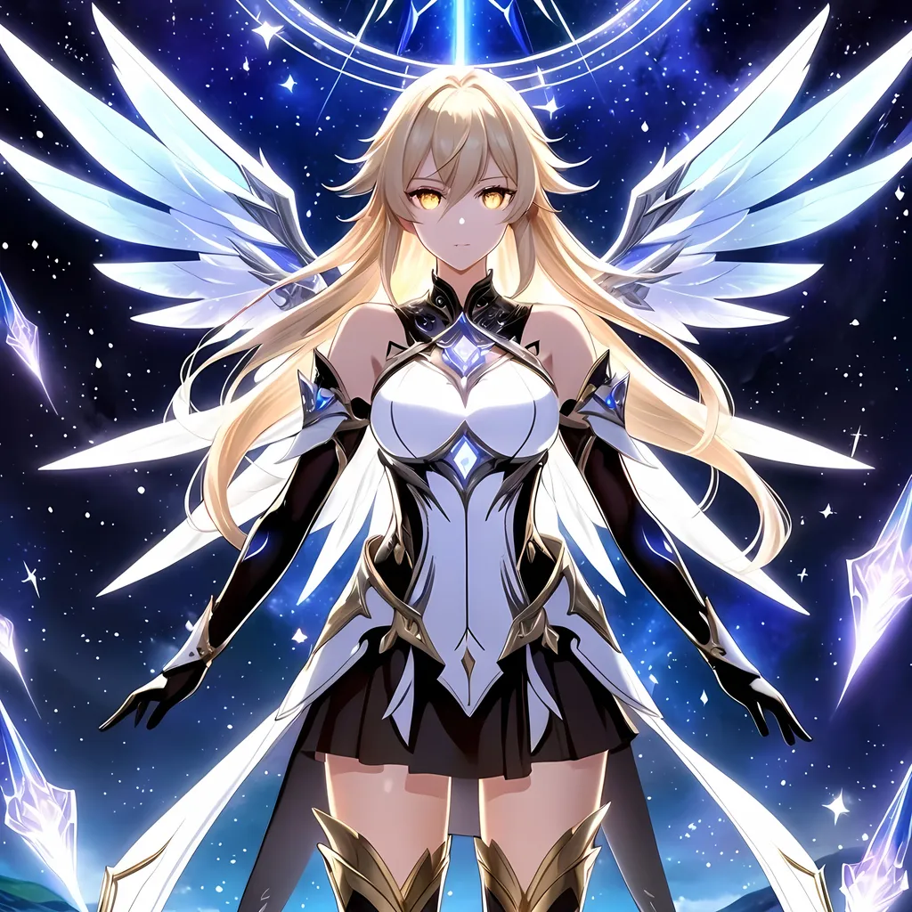 Prompt: anime, girl, detailed, very detailed, a woman in a white clothes, black short skirt, stars and galactic in the background, official art, anime, girl, detailed, very detailed, crystal yellow eyes, very long blonde hair, 8k, detailed eyes, Anime illustration of a tall woman,  lighting fairy wings, white thigh-highs, bright pupils, space, starfalls , high quality, thin body, anime art, detailed eyes, professional, atmospheric lighting, normal hands, five fingers, aura, adult woman, cold face, sharp eyes, 1girl, glowing eyes, Lumine from genshin impact, dress, textured corset with gold accessories, wearing long black gloves, bare shoulders, thunder, electro, white long arms shirt with black gloves, a white armor futuristic suit