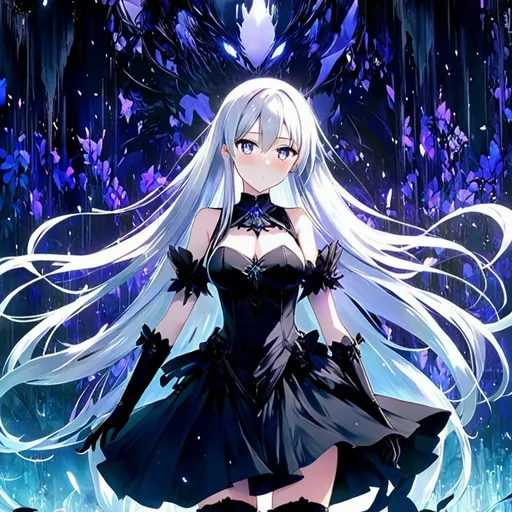 Prompt: Anime illustration of a tall woman with long white hair, dull grey eyes, wearing a black dress and white jacket, hands behind back, black thigh-highs, and gloves, bright pupils, nightfall setting, high quality, thin body, anime art, detailed eyes, professional, atmospheric lighting