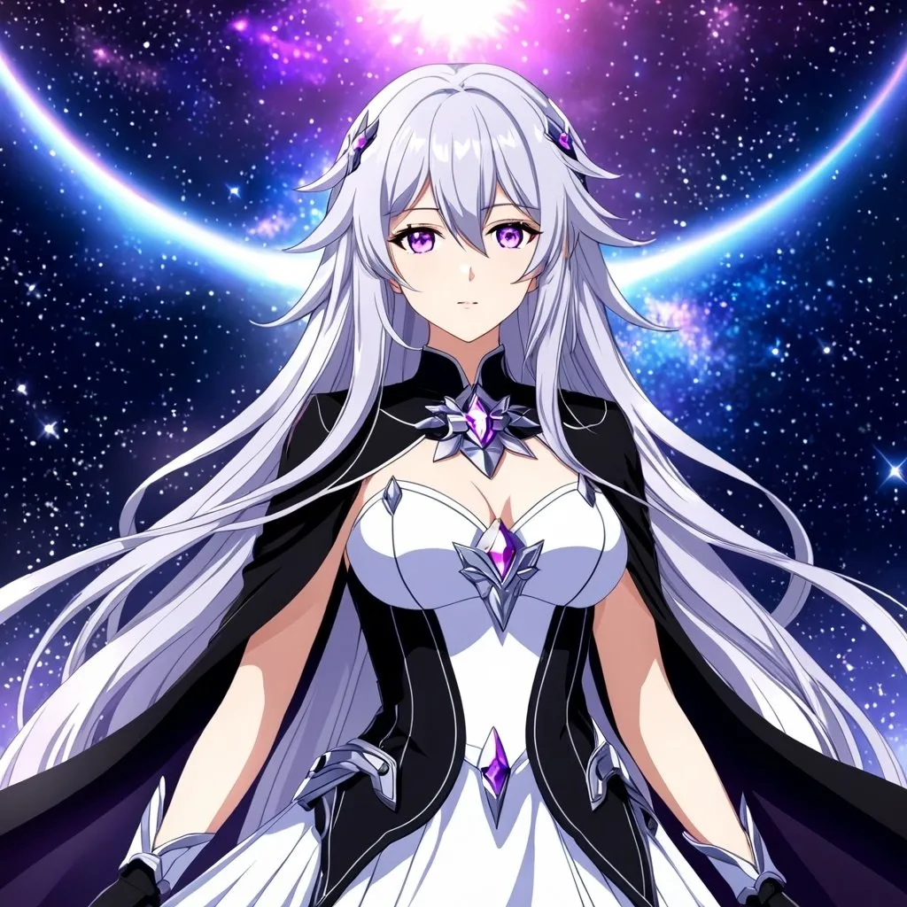 Prompt: Crystal purple eyes, long silver hair, galactic background, 8k, he, detailed eyes, glove holding, textured dress, textured corset with silver accessories, Anime illustration of a tall woman wearing a white dress, hands behind back, black thigh-highs and black gloves, bright pupils, space, starfalls , high quality, thin body, anime art, detailed eyes, professional, atmospheric lighting, normal hands, five fingers, goddess, aura, adult woman, cold face, herrscher from honkai impact's outfit, sharp eyes, 1girl, black cape, glowing eyes