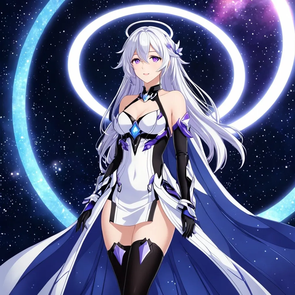 Prompt: Anime illustration of a tall woman with long white hair, purple eyes, wearing a white dress, hands behind back, black thigh-highs, and gloves, bright pupils, space, stars , high quality, thin body, anime art, detailed eyes, professional, atmospheric lighting, normal hands, five fingers, goddess, halo, adult woman, herrscher from honkai impact's outfit