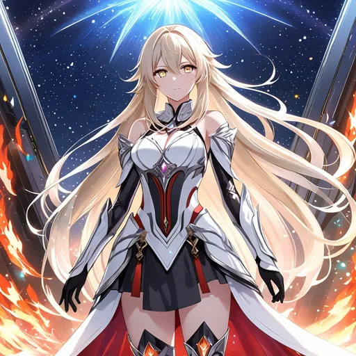 Prompt: anime, girl, detailed, very detailed, a woman in a white clothes, black skirt, stars and galactic in the background, official art, anime, girl, detailed, very detailed, crystal yellow eyes, very long blonde hair, 8k, detailed eyes, Anime illustration of a tall woman,  flame fairy wings, black thigh-highs, bright pupils, space, starfalls , high quality, thin body, anime art, detailed eyes, professional, atmospheric lighting, normal hands, five fingers, aura, adult woman, cold face, sharp eyes, 1girl, glowing eyes, Lumine from genshin impact, dress, textured corset with gold accessories, wearing long black gloves, bare shoulders, pyrokinesis, flame, white long arms shirt with black gloves, a white armor futuristic suit, Very long blonde hair