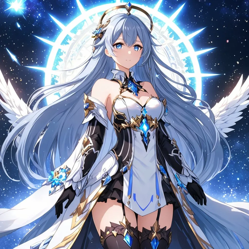 Prompt: Anime illustration of a tall woman with very long blue hair, blue eyes, wearing a white dress, hands behind back, black thigh-highs, and gloves, bright pupils, space, stars , high quality, thin body, anime art, detailed eyes, professional, atmospheric lighting, normal hands, five fingers, goddess, halo, adult woman, herrscher from honkai impact's outfit