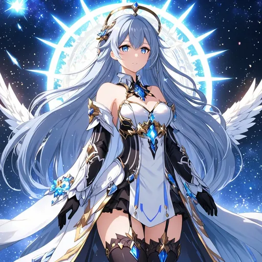 Prompt: Anime illustration of a tall woman with very long blue hair, blue eyes, wearing a white dress, hands behind back, black thigh-highs, and gloves, bright pupils, space, stars , high quality, thin body, anime art, detailed eyes, professional, atmospheric lighting, normal hands, five fingers, goddess, halo, adult woman, herrscher from honkai impact's outfit