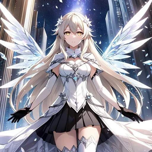 Prompt: anime, girl, detailed, very detailed, a woman in a white shirt inside, black skirt with a sword on a city street with skyscrapers in the background, official art, anime, girl, detailed, very detailed, crystal yellow eyes, very long blonde hair, 8k, detailed eyes, Anime illustration of a tall woman, light fairy wings, black thigh-highs, bright pupils, space, starfalls , high quality, thin body, anime art, detailed eyes, professional, atmospheric lighting, normal hands, five fingers, aura, adult woman, cold face, sharp eyes, 1girl, glowing eyes, Lumine from genshin impact, dress, textured corset with gold accessories, wearing long black gloves