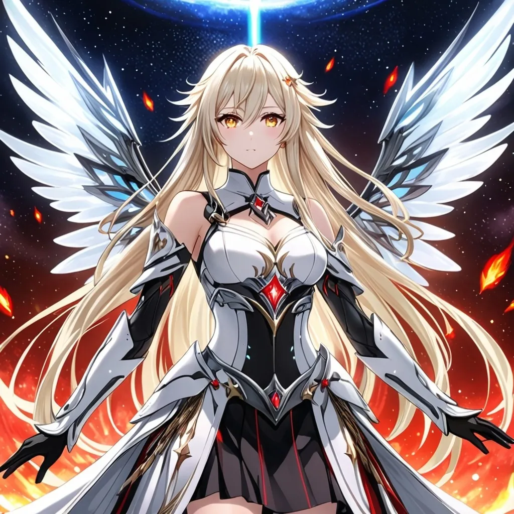 Prompt: anime, girl, detailed, very detailed, a woman in a white clothes, black skirt, stars and galactic in the background, official art, anime, girl, detailed, very detailed, crystal yellow eyes, very long blonde hair, 8k, detailed eyes, Anime illustration of a tall woman,  flame fairy wings, black thigh-highs, bright pupils, space, starfalls , high quality, thin body, anime art, detailed eyes, professional, atmospheric lighting, normal hands, five fingers, aura, adult woman, cold face, sharp eyes, 1girl, glowing eyes, Lumine from genshin impact, dress, textured corset with gold accessories, wearing long black gloves, bare shoulders, pyrokinesis, flame, white long arms shirt with black gloves, a white armor futuristic suit