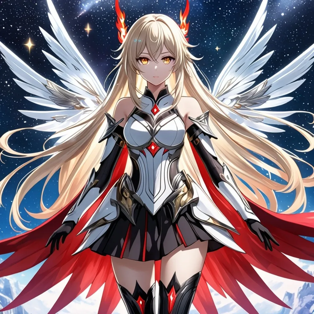 Prompt: anime, girl, detailed, very detailed, a woman in a white clothes, black skirt, stars and galactic in the background, official art, anime, girl, detailed, very detailed, crystal yellow eyes, very long blonde hair, 8k, detailed eyes, Anime illustration of a tall woman,  flame fairy wings, black thigh-highs, bright pupils, space, starfalls , high quality, thin body, anime art, detailed eyes, professional, atmospheric lighting, normal hands, five fingers, aura, adult woman, cold face, sharp eyes, 1girl, glowing eyes, Lumine from genshin impact, dress, textured corset with gold accessories, wearing long black gloves, bare shoulders, pyrokinesis, flame, white long arms shirt with black gloves, a white armor futuristic suit, Very long blonde hair, cape