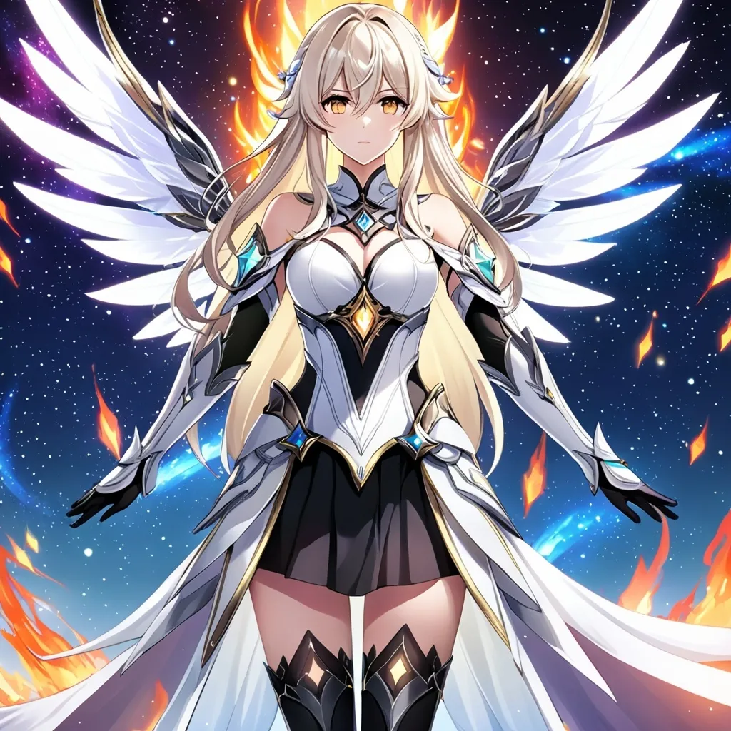 Prompt: anime, girl, detailed, very detailed, a woman in a white clothes, black skirt, stars and galactic in the background, official art, anime, girl, detailed, very detailed, crystal yellow eyes, very long blonde hair, 8k, detailed eyes, Anime illustration of a tall woman,  flame fairy wings, black thigh-highs, bright pupils, space, starfalls , high quality, thin body, anime art, detailed eyes, professional, atmospheric lighting, normal hands, five fingers, aura, adult woman, cold face, sharp eyes, 1girl, glowing eyes, Lumine from genshin impact, dress, textured corset with gold accessories, wearing long black gloves, bare shoulders, pyrokinesis, flame, white long arms shirt with black gloves, a white armor futuristic suit