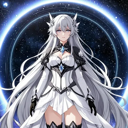 Prompt: Crystal grey eyes, very long silver hair, galactic background, 8k, he, detailed eyes, glove holding, textured dress, textured corset with silver accessories, Anime illustration of a tall woman wearing a white dress, hands behind back, black thigh-highs and black gloves, bright pupils, space, starfalls , high quality, thin body, anime art, detailed eyes, professional, atmospheric lighting, normal hands, five fingers, aura, adult woman, cold face, herrscher from honkai impact's outfit, sharp eyes, 1girl, glowing eyes, sun