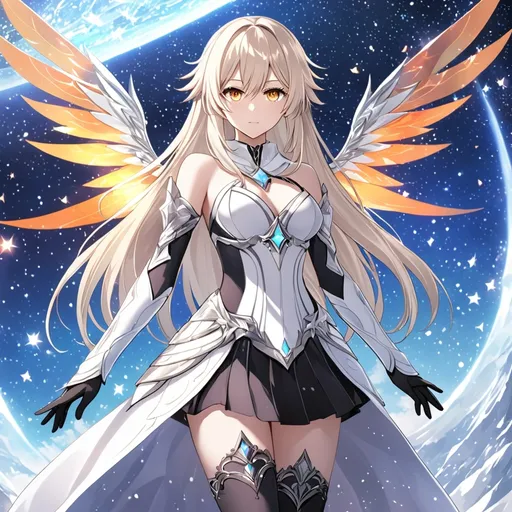 Prompt: anime, girl, detailed, very detailed, a woman in a white clothes, black skirt, stars and galactic in the background, official art, anime, girl, detailed, very detailed, crystal yellow eyes, very long blonde hair, 8k, detailed eyes, Anime illustration of a tall woman,  flame fairy wings, black thigh-highs, bright pupils, space, starfalls , high quality, thin body, anime art, detailed eyes, professional, atmospheric lighting, normal hands, five fingers, aura, adult woman, cold face, sharp eyes, 1girl, glowing eyes, Lumine from genshin impact, dress, textured corset with gold accessories, wearing long black gloves, bare shoulders, pyrokinesis, flame, white long arms shirt with black gloves, a white armor futuristic suit