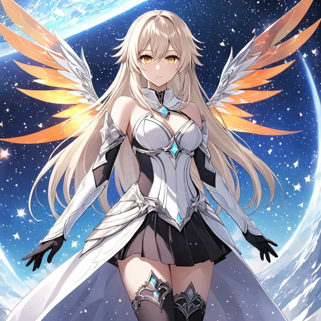 Prompt: anime, girl, detailed, very detailed, a woman in a white clothes, black skirt, stars and galactic in the background, official art, anime, girl, detailed, very detailed, crystal yellow eyes, very long blonde hair, 8k, detailed eyes, Anime illustration of a tall woman,  flame fairy wings, black thigh-highs, bright pupils, space, starfalls , high quality, thin body, anime art, detailed eyes, professional, atmospheric lighting, normal hands, five fingers, aura, adult woman, cold face, sharp eyes, 1girl, glowing eyes, Lumine from genshin impact, dress, textured corset with gold accessories, wearing long black gloves, bare shoulders, pyrokinesis, flame, white long arms shirt with black gloves, a white armor futuristic suit